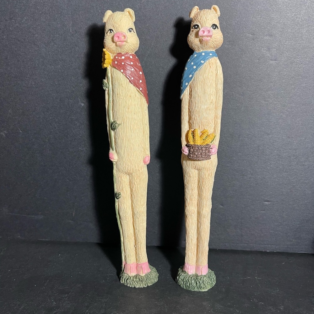 Two Vtg Collectable 9.75” Tall Resin Farmer Pig Figurines T80